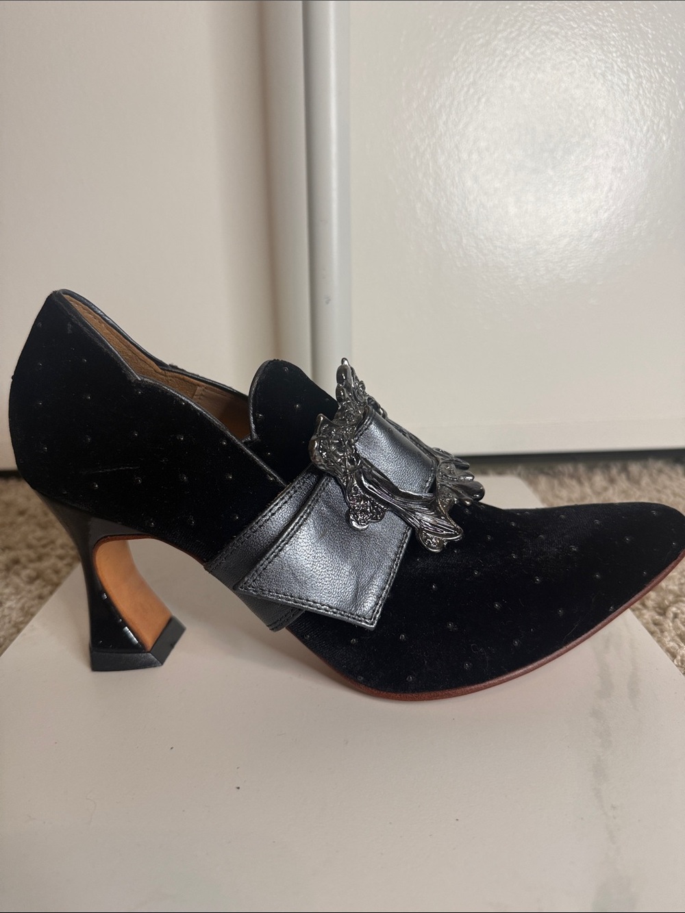 NEW John Fluevog Claudette Black Velvet Loafer Heels